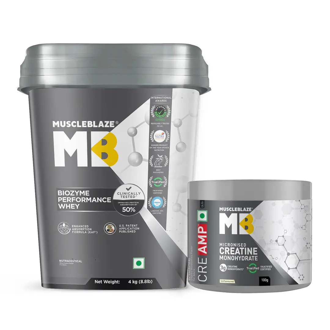 MuscleBlaze Biozyme Performance Whey Protein (Chocolate Hazelnut,8.8lb) and Creatine Monohydrate CreAMP™ (100g, Unflavoured)