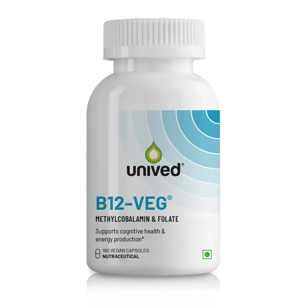 Unived B12 Veg with Vitamin B9, Vitamin B12 for Cognitive Health And Energy Production - Pack of 1 (180 Capsules)