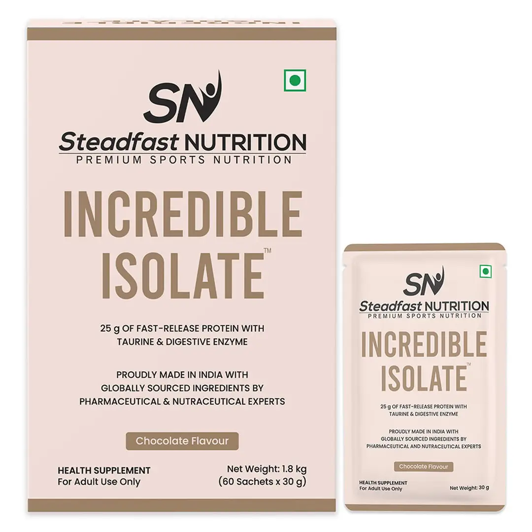 Steadfast Nutrition - Incredible Isolate - with Cocoa Powder, Taurine - for Muscle Building And Weight Loss Supplement - Pack of 1 (60 sachet) Chocolate