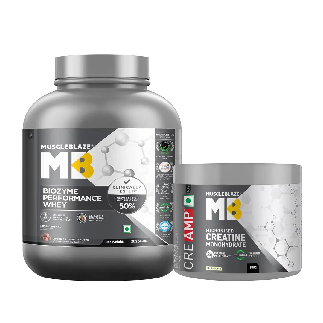 MuscleBlaze Biozyme Performance Whey Protein (Choco Crispers,4.4lb) and Creatine Monohydrate CreAMP™ (100g, Unflavoured) - Combo