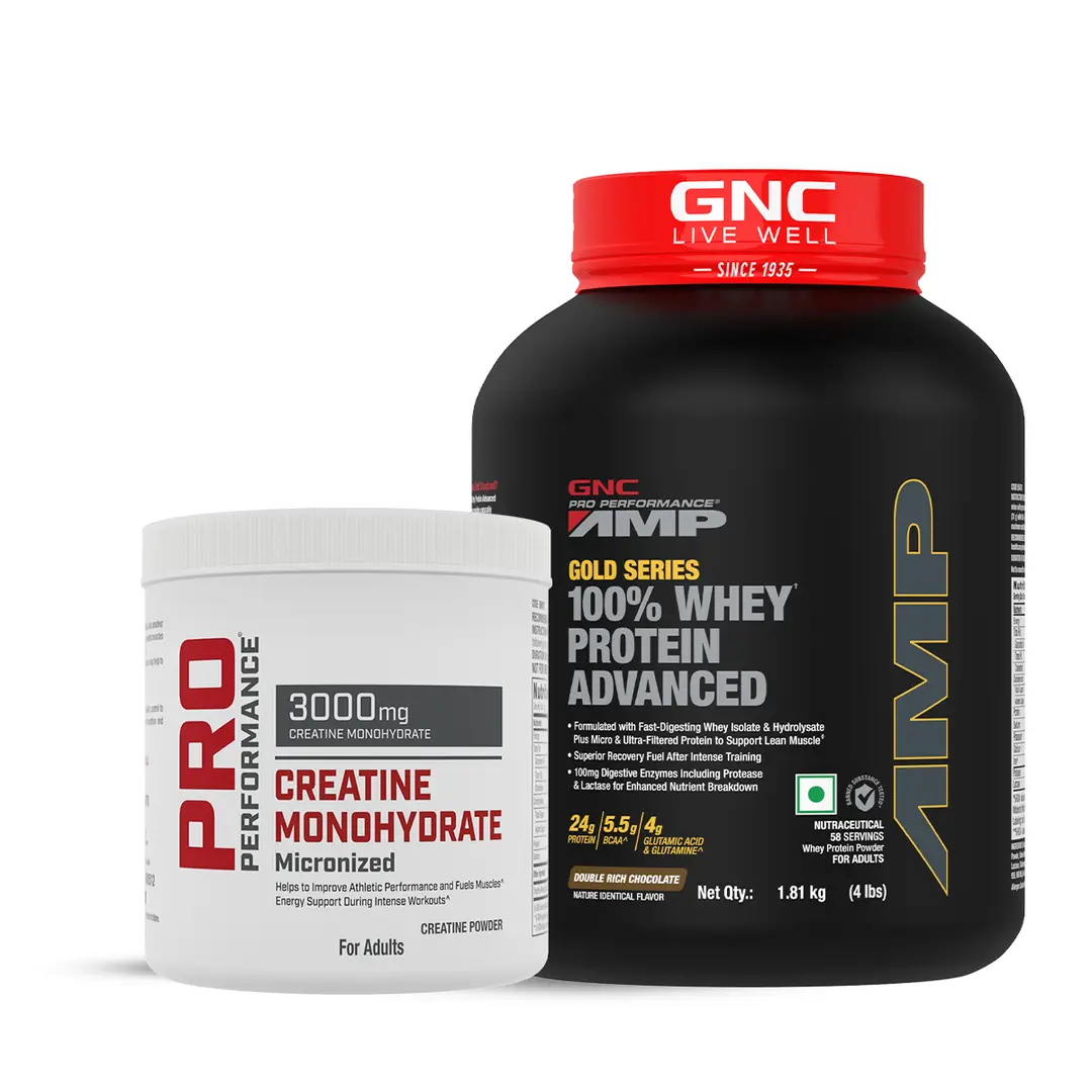 DSC - GNC - AMP 100% Whey Advanced Double Rich Chocolate + Creatine Monohydrate -4lbs / 250 gm Combo - Combo Pack (Whey + Creatine)