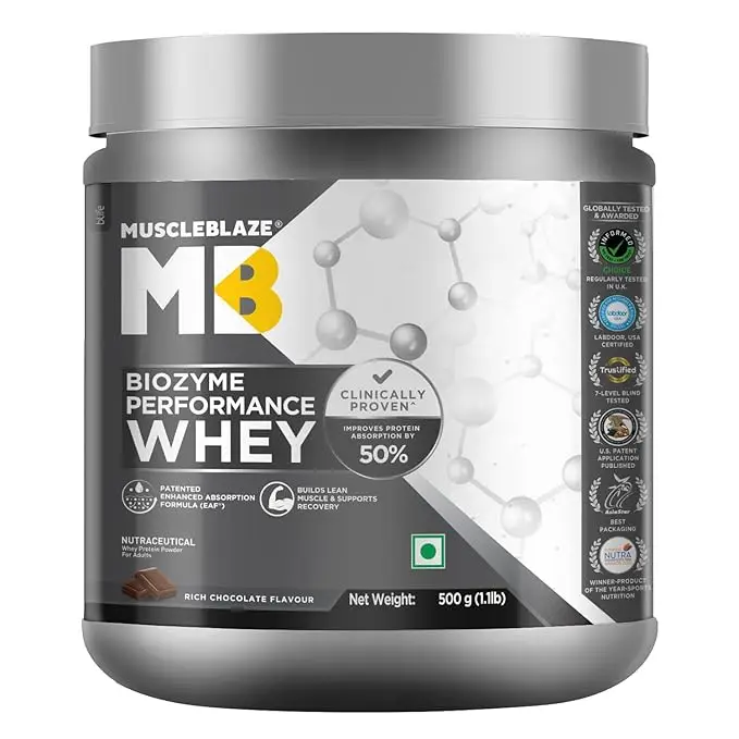 MuscleBlaze Biozyme Performance Whey Protein - with Whey Protein Concentrate, Cocoa Powder for Aiding in Lean Mass Gain - Rich Chocolate,1.1 lb