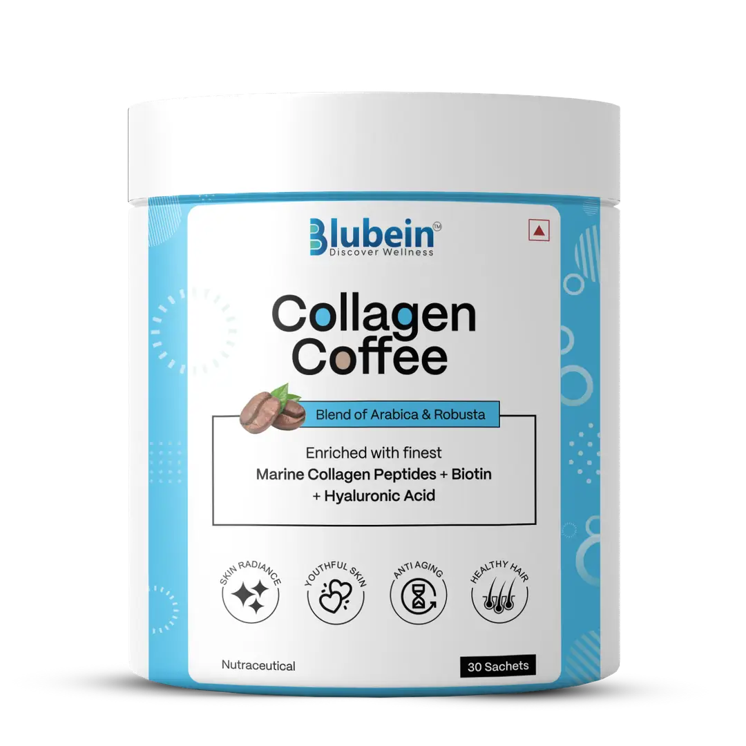 Blubein Real Collagen Coffee Premium blend of Arabica & Robust with Marine Collagen, Biotin, Vitamin-C, Hyaluronic Acid for Glowing Skin, Strong Hair and Nails - Pack of 1 (30 Sachets)