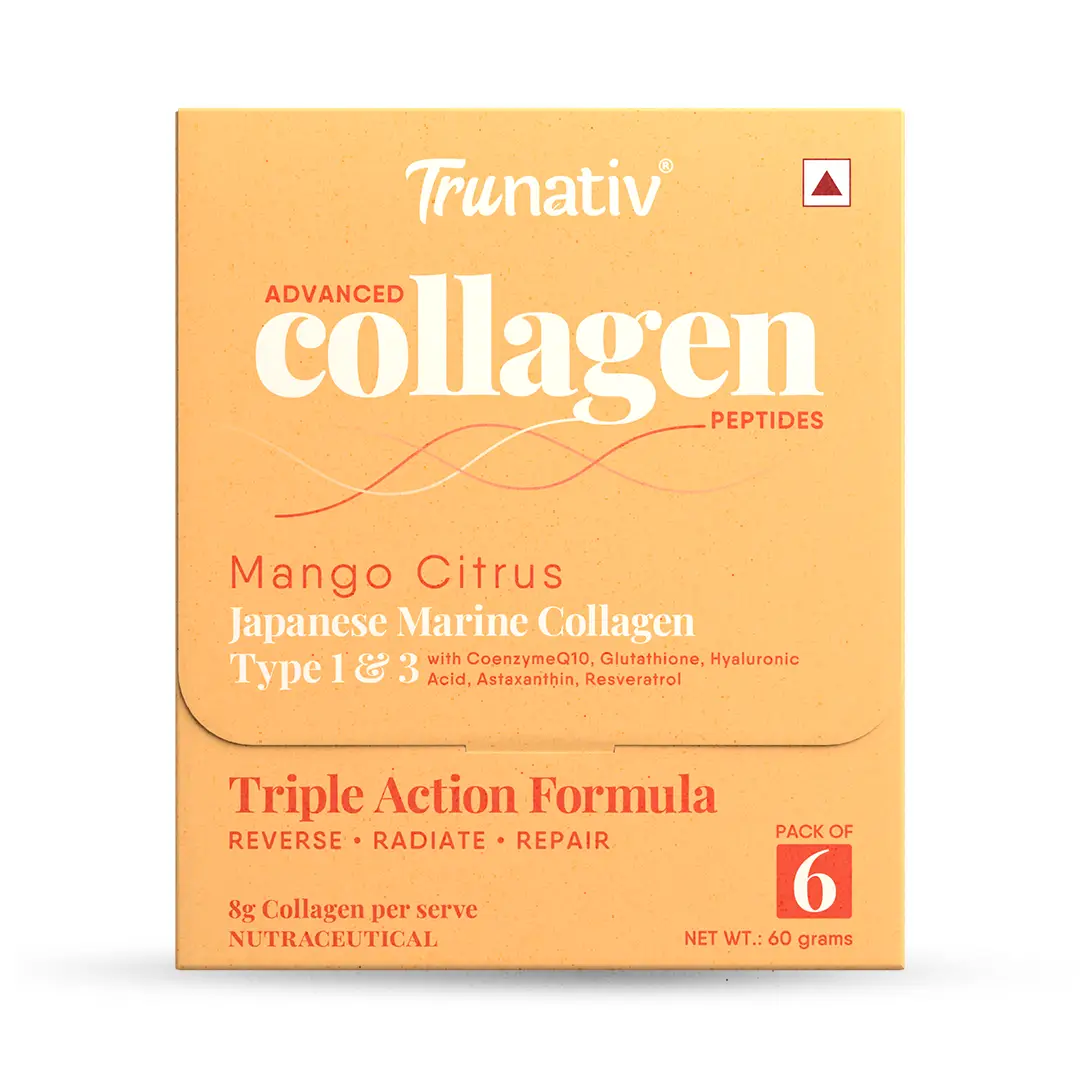 Trunativ Advanced Collagen with Japanese Marine Collagen Type 1 and 3, Vitamin C, Vitamin E, Hyaluronic Acid, Biotin, and Glutathione for Supporting Skin Glow, Hair Growth, and Nail Strength - Mango Citrus,6 Sachets