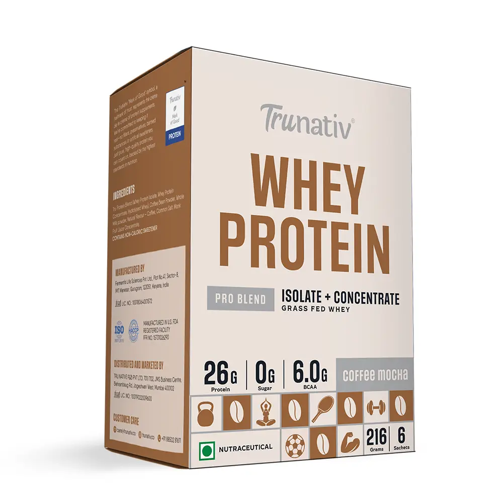 Trunativ Pro Blend Whey Protein with Grass-Fed Isolate & Concentrate for Muscle Recovery and Strength - Coffee Mocha,6 Sachets
