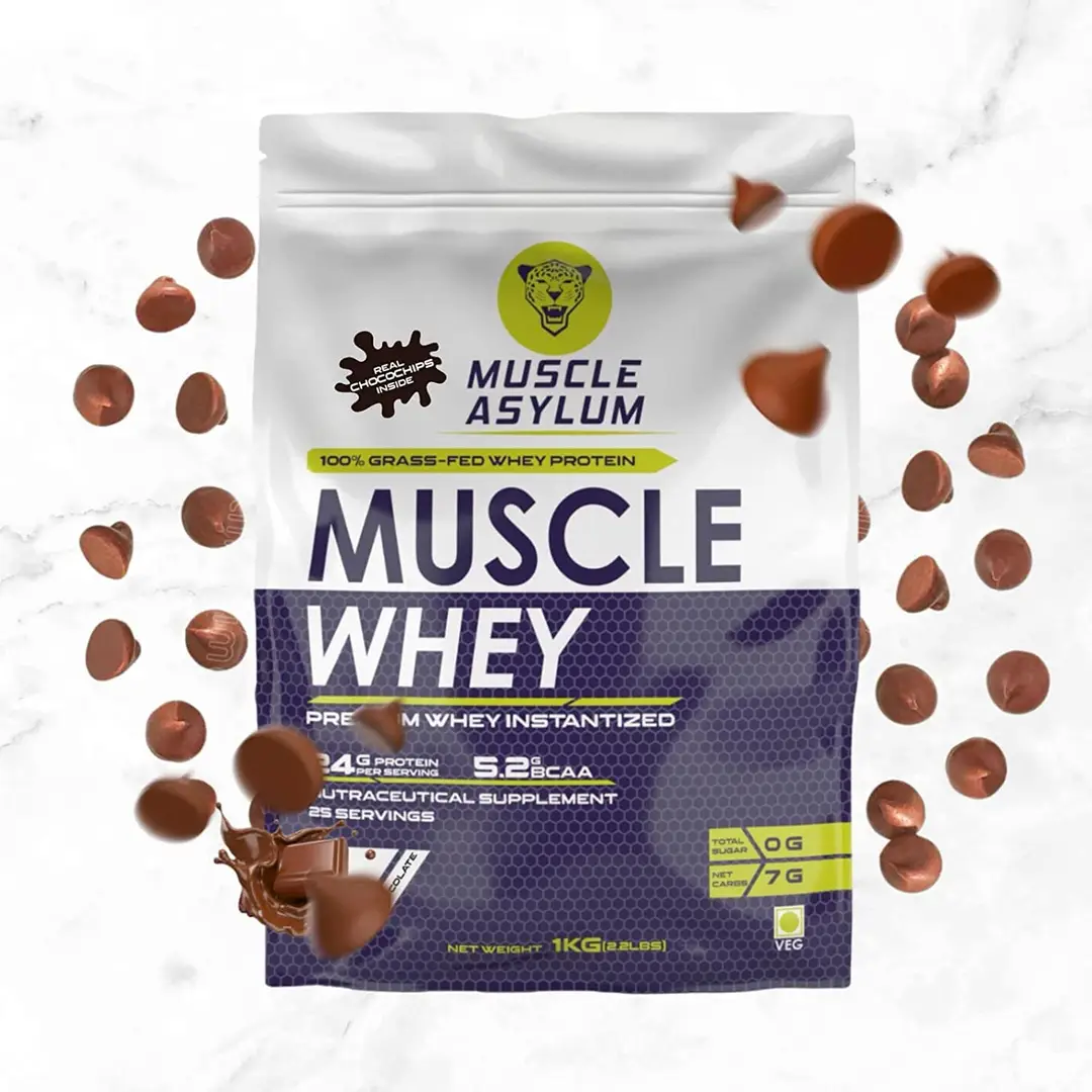 Muscle Asylum Premium Whey Protein for Muscle Building and Recovery - Chocolate With Real Chocochips Inside,1 Kg
