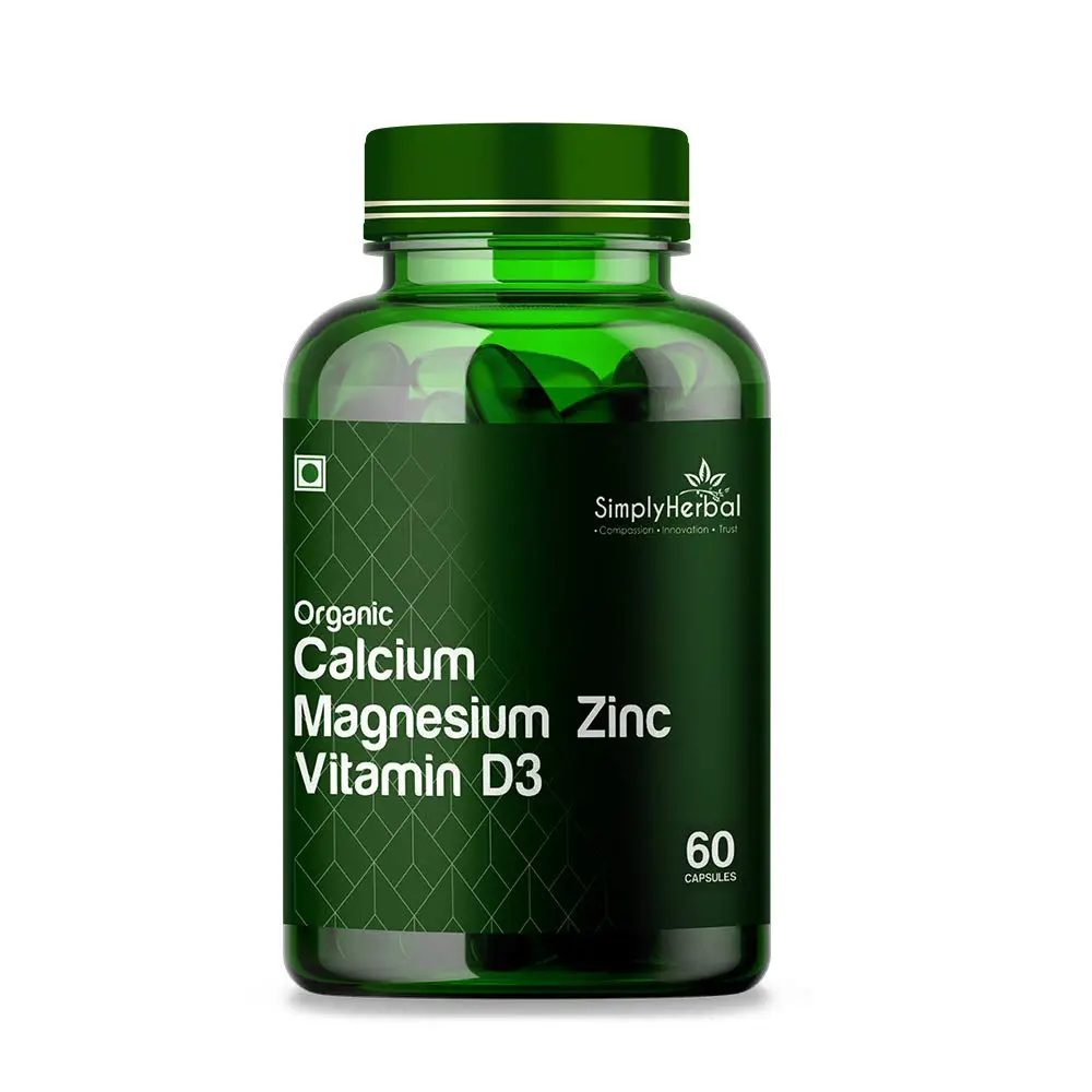 Simply Herbal - Organics Calcium Magnesium Zinc & D3 Supplement- Promotes Strong Bones & Joints - Pack of 1 (60 Capsules)