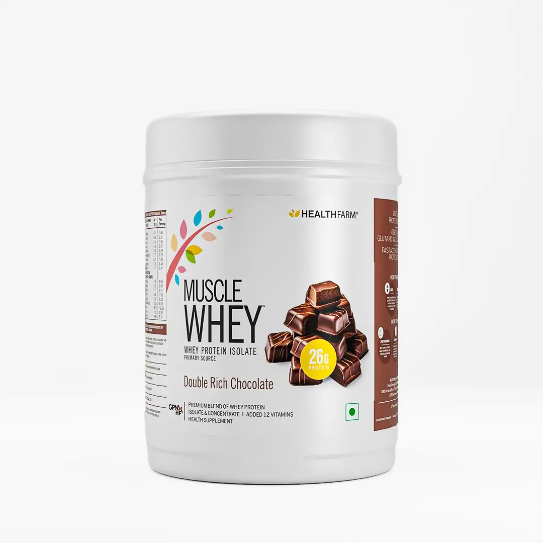 Healthfarm Muscle Whey Protein for Building Strength and Enabling Muscle Growth - Double Rich Chocolate,500 gm