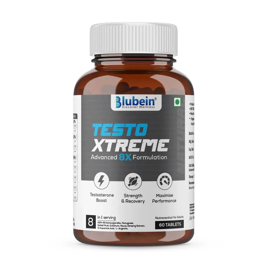 Blubein Testo Xtreme Natural Testosterone Support for Men with KSM-66 Ashwagandha & 8 Herbal Extracts for Muscle Growth, Strength and Stamina - Pack of 1 (60 Tablets)