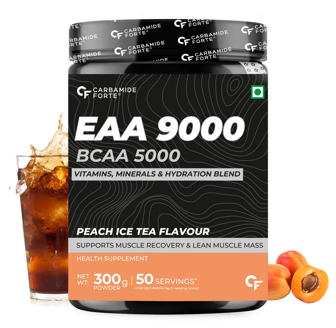 Carbamide Forte EAA 9000mg with Hydration Blend and Vitamins for Muscle Recovery - Peach Ice Tea,300 gm