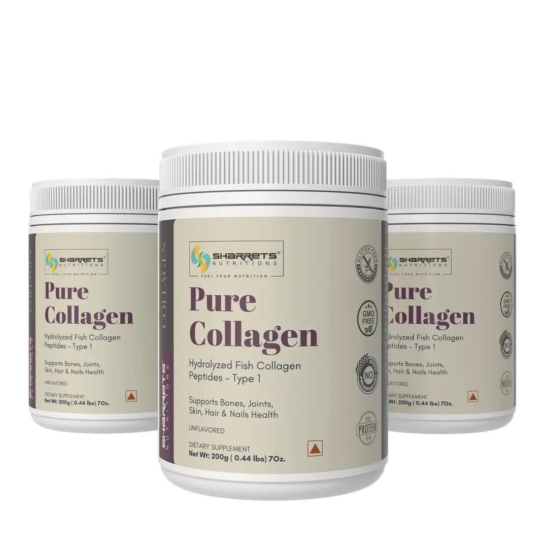 Sharrets Pure Collagen for Skin, Hair & Joints Type 1 Hydrolyzed Fish Collagen Peptides - Pack of 3 (600 gm)
