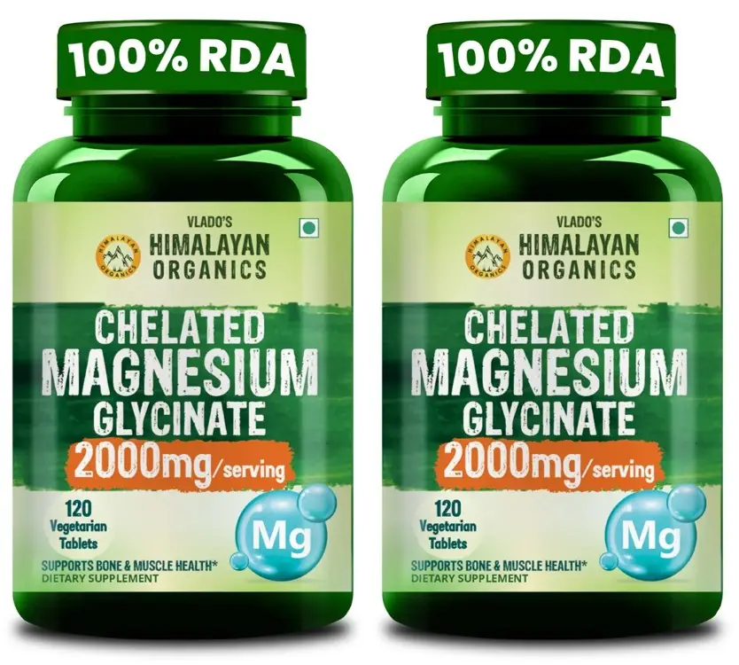 Vlado's Himalayan Organics Highly Absorbable Magnesium Glycinate for Overall Nerve And Muscle Health, Strong Bones - Pack of 2 (240 Tablets)