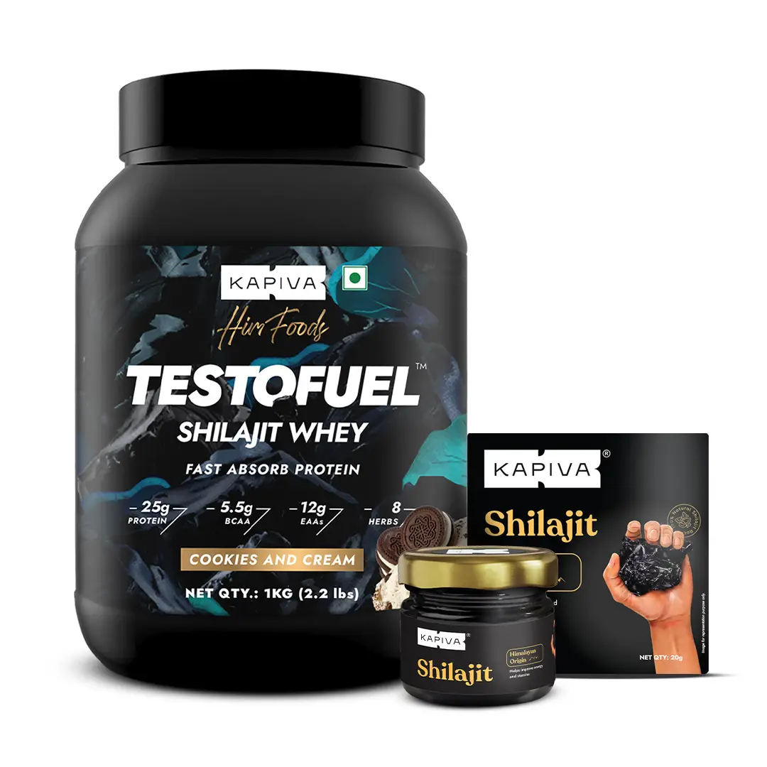 Kapiva Him Foods Shilajit Gold Resin + Kapiva Him Foods Testofuel Shilajit Whey (Combo) - Resin (20g) & Testofuel Shilajit Whey Cookies and Cream,2.2lb