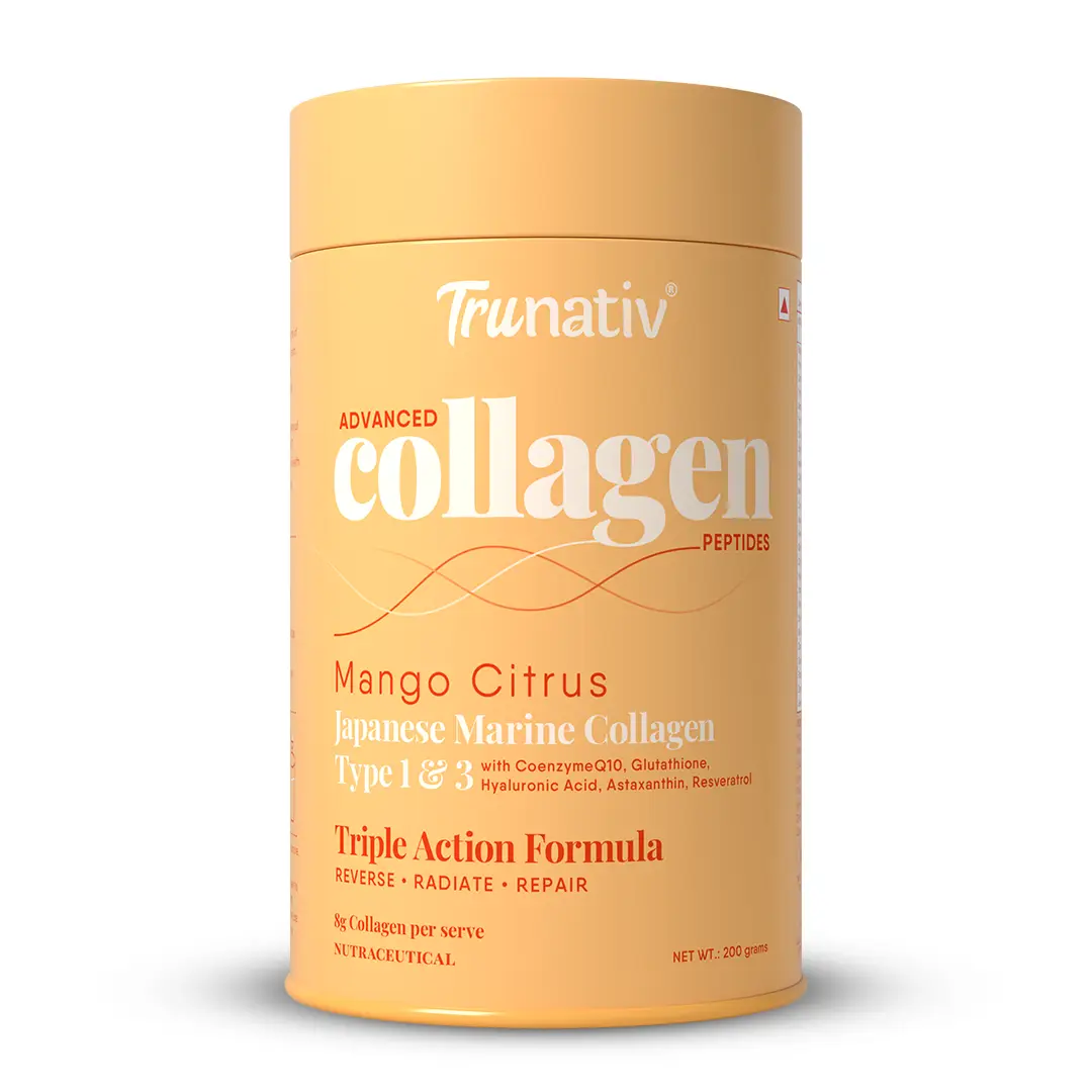 Trunativ Advanced Collagen with Japanese Marine Collagen Type 1 and 3, Vitamin C, Vitamin E, Hyaluronic Acid, Biotin, and Glutathione for Supporting Skin Glow, Hair Growth, and Nail Strength - Mango Citrus,200 gm