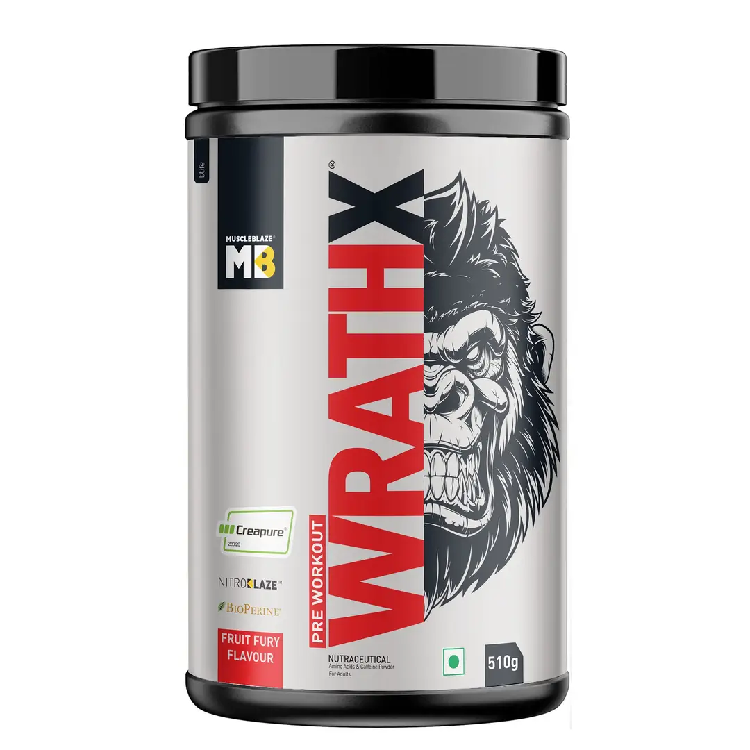 MuscleBlaze Pre Workout WrathX with Creapure®️, EnXtra, & BioPerine for Instant Energy - Fruit Fury,500 gm