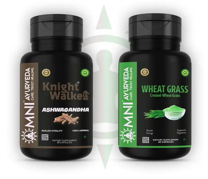 Omni Ayurveda - Knight Walke Ashwagandha and Wheat Grass Capsule - for Stress and Anxiety Relief - Combo Pack (120 Capsules)