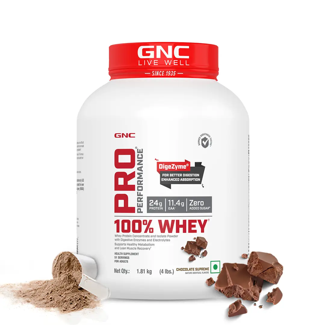 GNC Pro Performance 100% Whey Protein Powder | Boosts Strength & Endurance | Builds Lean Muscles | Fastens Muscle Recovery | Formulated In USA | 24g Protein | 5.5g BCAA - Chocolate Supreme (4lb)