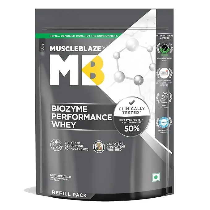 MuscleBlaze Biozyme Performance Whey Protein - with Whey Protein Concentrate, Cocoa Powder for Aiding in Lean Mass Gain - Rich Chocolate,2.2 lb