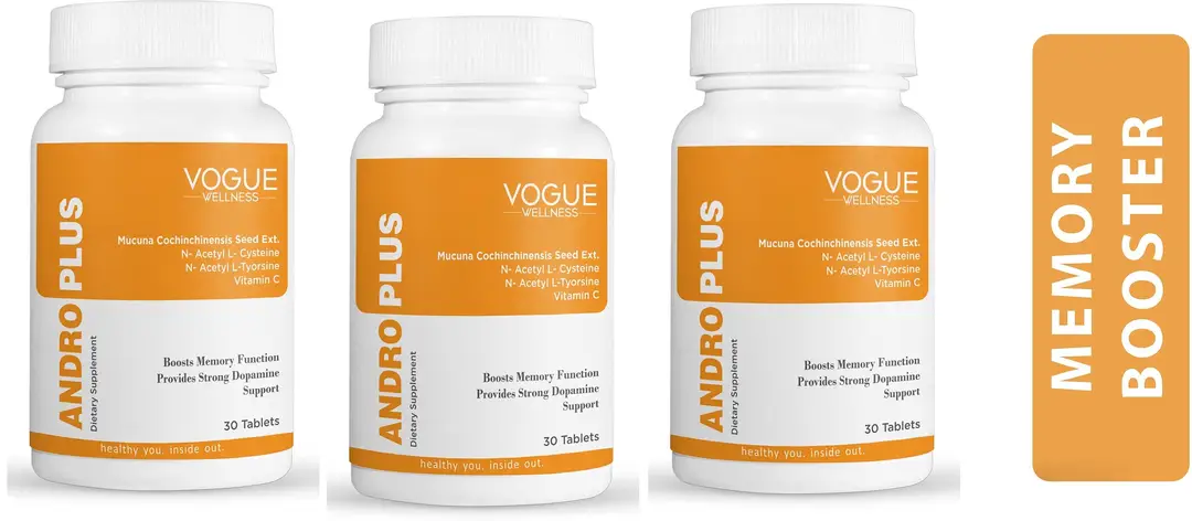 Vogue Wellness Andro Plus with Mucuna Dopamine Extract for Brain Booster, Memory and Focus - Pack of 3 (90 Tablets)