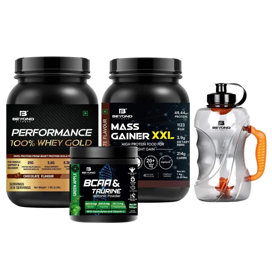 Beyond Fitness Beast Mode Gold (Mass Gainer, Whey Gold Protein and BCAA Isotonic energy drink) Combo - Mass Gainer (2.2lb), Whey Gold Protein (2.2lb) and BCAA(500gm) with 1.5ltr Shaker