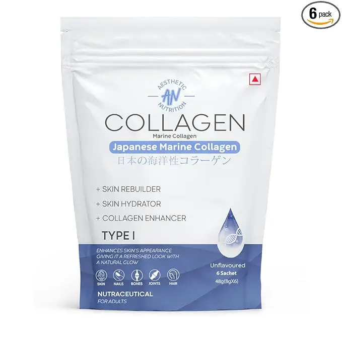 Aesthetic Nutrition Japanese Marine Collagen Powder with Hyaluronic Acid and Glutathione for Reducing Wrinkles, Strengthen Hair and Promote Healthy Nails - Unflavoured,6 Sachets