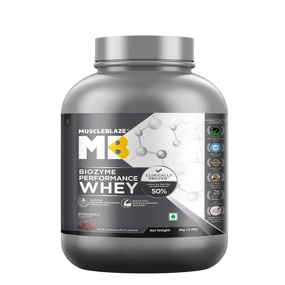 MuscleBlaze Biozyme Performance Whey Protein - with Whey Protein Concentrate, Cocoa Powder for Aiding in Lean Mass Gain - Rich Chocolate,4.41 lb