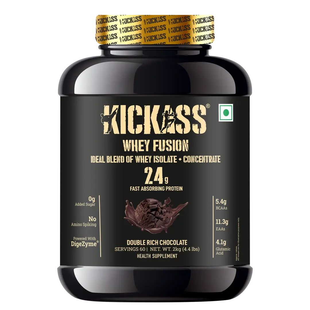Kickass Whey Fusion- Ideal blend of Whey Isolate + Concentrate, With Digestive enzyme and Immunity boosters, Fast Absorbing Protein - 2 Kg - Double Rich Chocolate