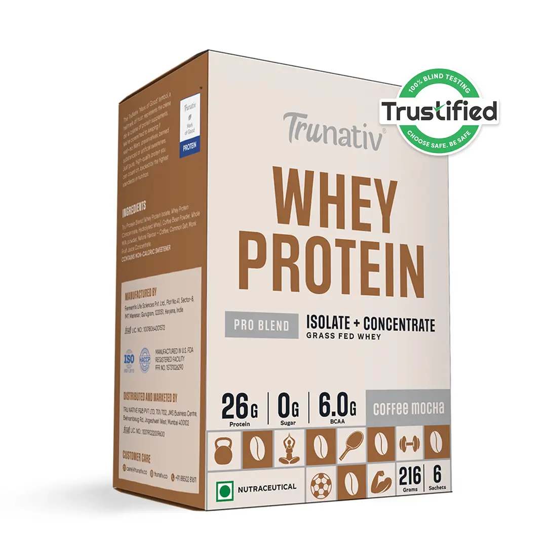 Trunativ Pro Blend Whey Protein with Grass-Fed Isolate & Concentrate for Muscle Recovery and Strength - Coffee Mocha,6 Sachets