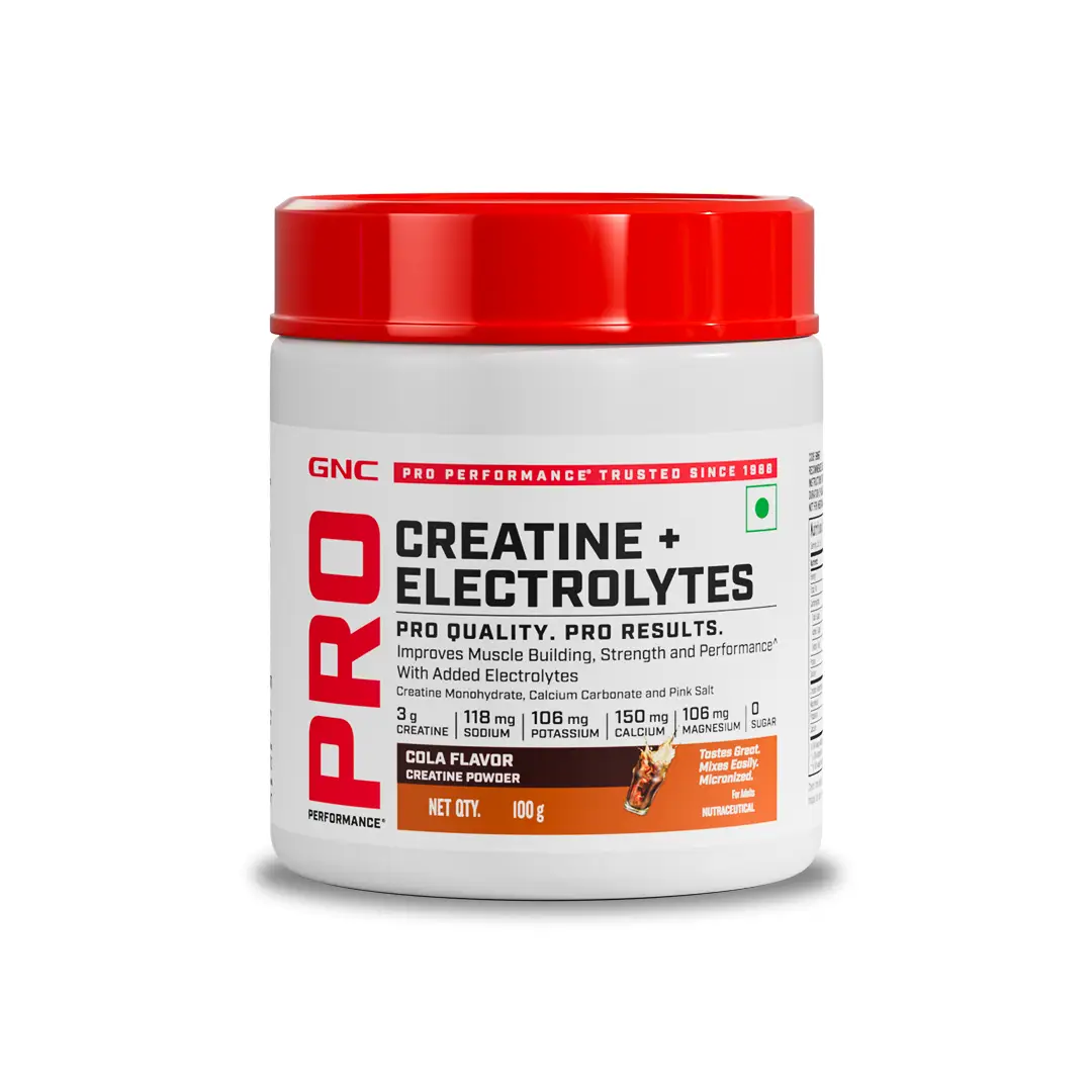 GNC Creatine+ Electrolytes | 3g Creatine Monohydrate + Sodium, Potassium, Calcium, Magnesium | Boosts Muscle Growth, Hydration, Energy & Recovery | Zero Sugar | 100% Veg | 100g | Orange - Cola,100gm