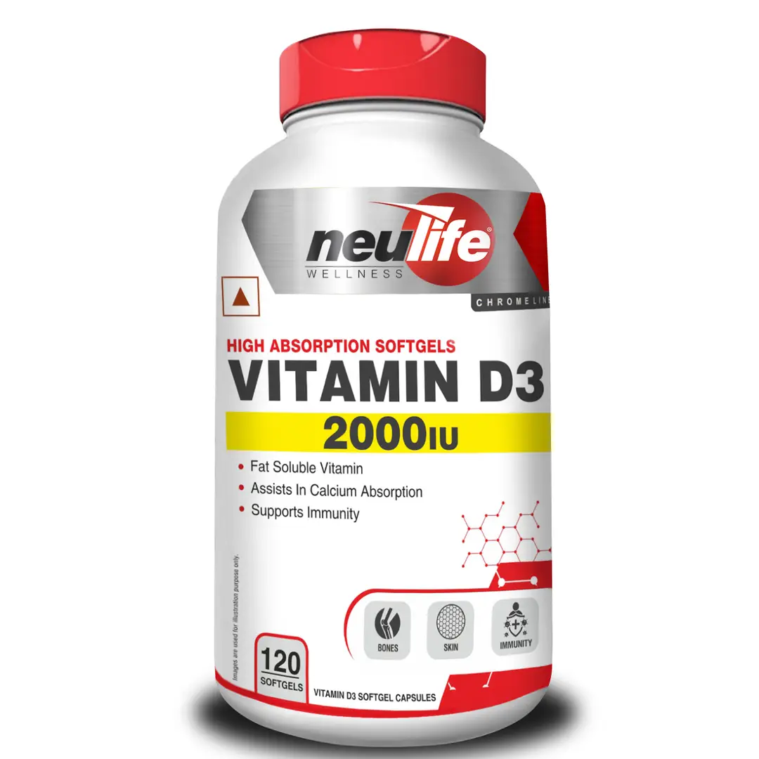 Neulife Vitamin D3 2000IU for Immunity, Skin And Bones - Pack of 1 (120 Softgels)
