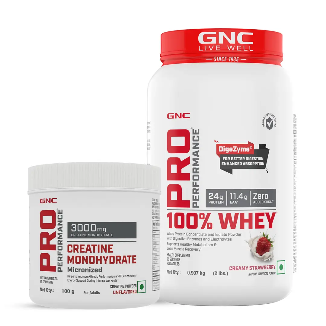DSC - GNC - Pro Performance 100% Whey Strawberry + Creatine Monohydrate -2lbs / 100gm Combo - Combo Pack (Whey + Creatine)