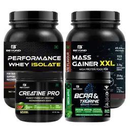 Beyond Fitness - Performance Whey Protein Powder + Mass Gainer XXL + BCAA & Taurine + Creatine Pro (Combo) - for Muscle Growth, Weight Management and Endurance. icon