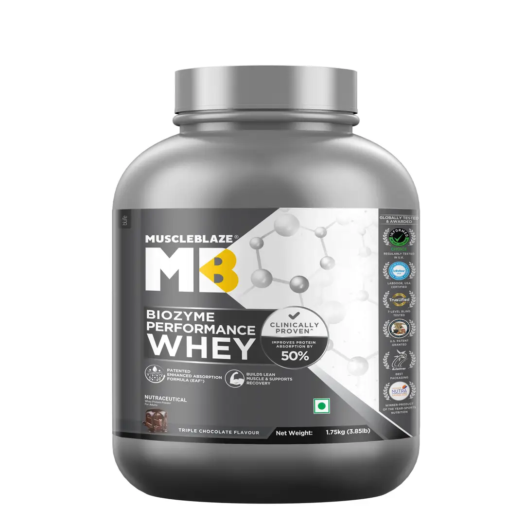 MuscleBlaze Biozyme Performance Whey Protein - with Whey Protein Concentrate,  Cocoa Powder for Aiding in Lean Mass Gain - Triple Chocolate,3.86 lb