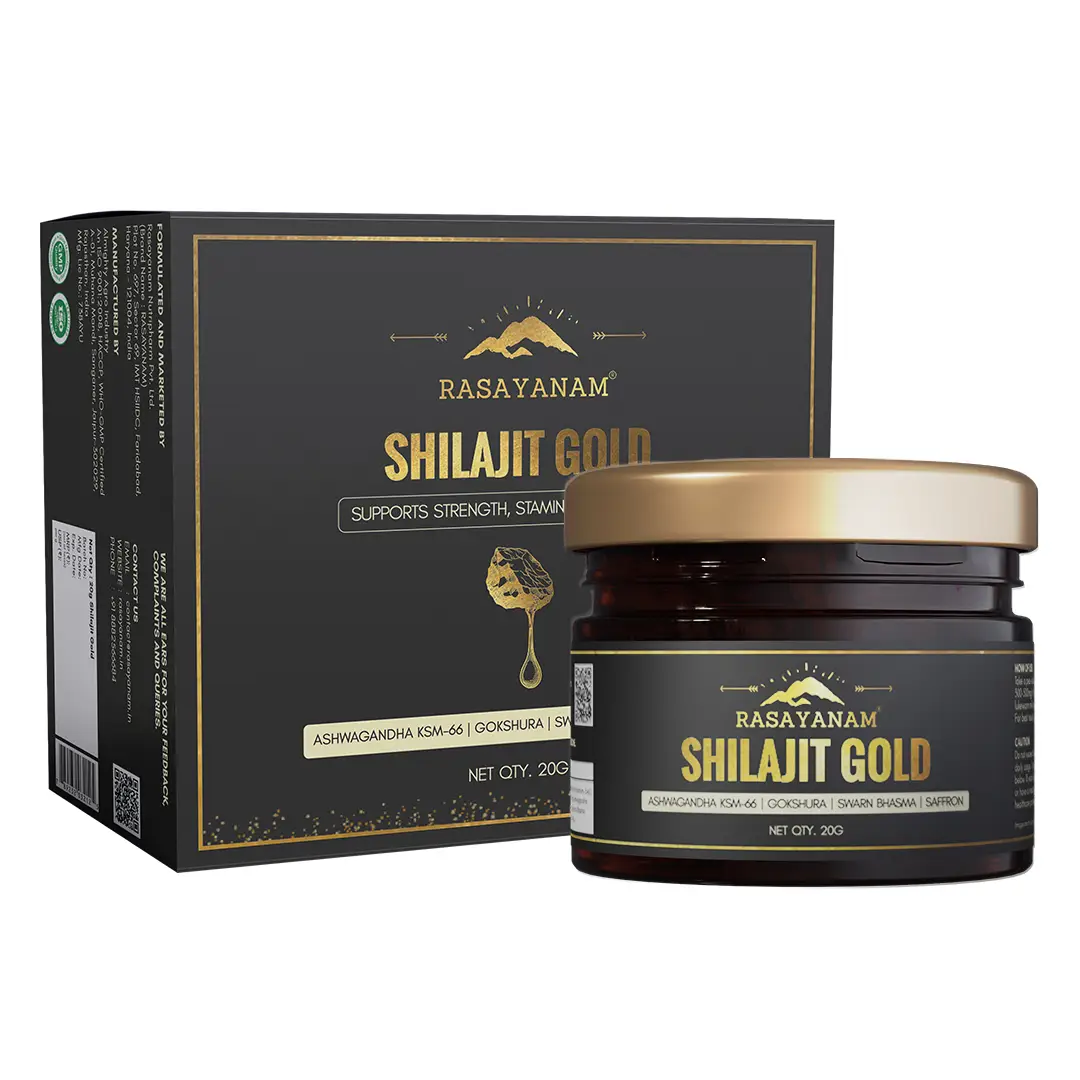 Rasayanam Shilajit Gold Resin 20g | 75% Fulvic Acid | High Potency Shilajeet with Ashwagandha KSM66, Gokshura, Swarn Bhasma & Saffron for Strength, Muscle Recovery, Cognitive Function | 80 Servings - 20 gm
