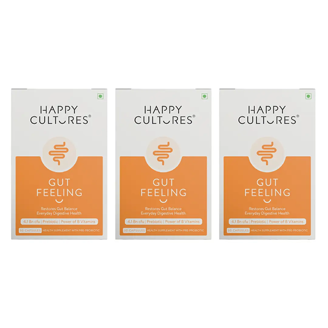 Happy Cultures Gut Feeling with Blend of Pre+Probiotics+B-Vitamins for Daily Gut and Digestive Health - Pack of 3 (90 Capsules)