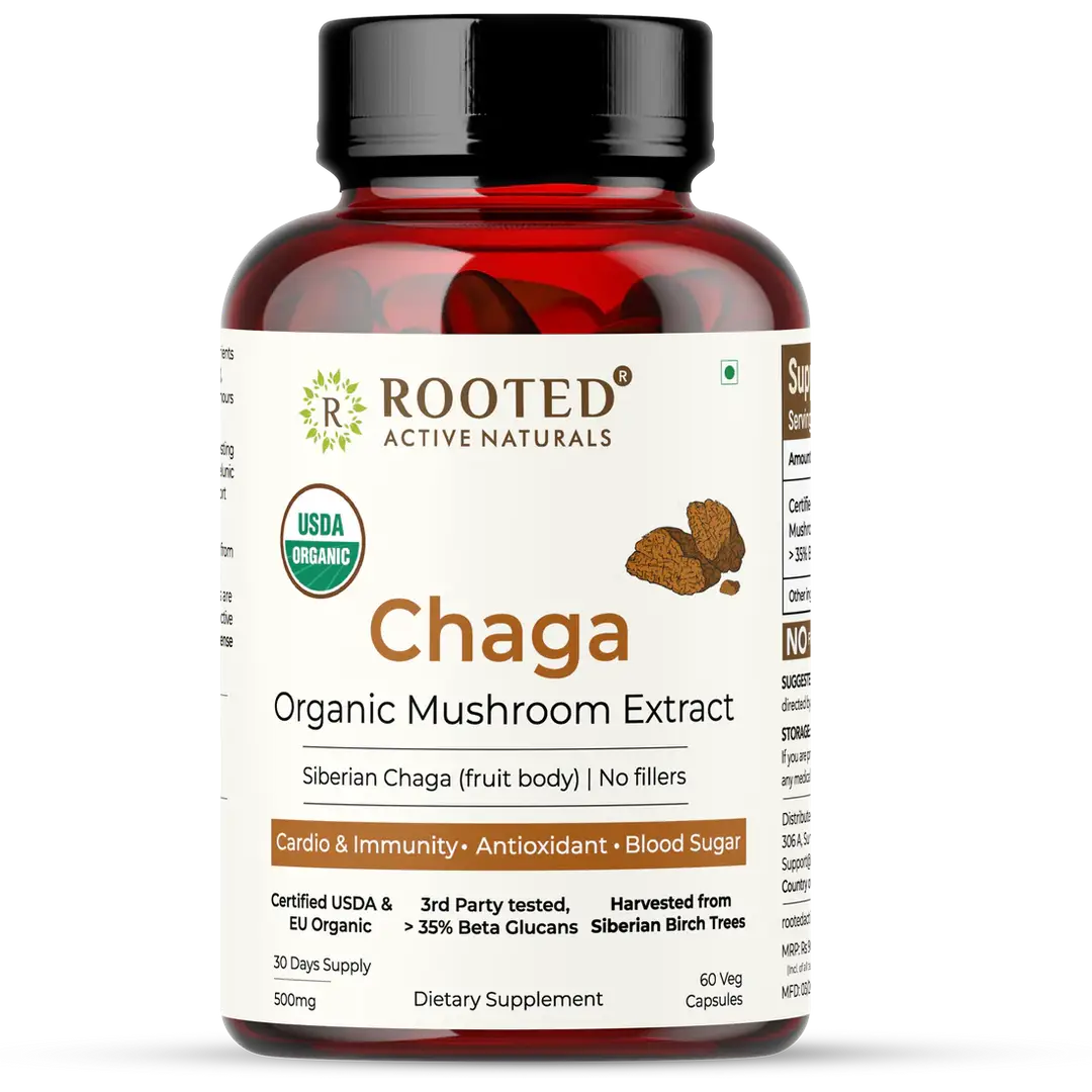 Rooted Active Naturals Chaga Mushroom Extract for Antioxidant and Vitality Support - Pack of 1 (60 Capsules)