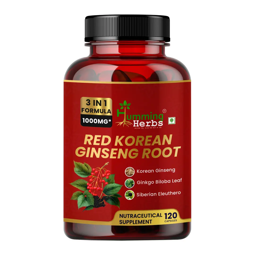 Humming Herbs Red Korean Ginseng with Ginkgo Biloba & Eleuthero for Energy, Vitality and Focus - Pack of 1 (120 Capsules)