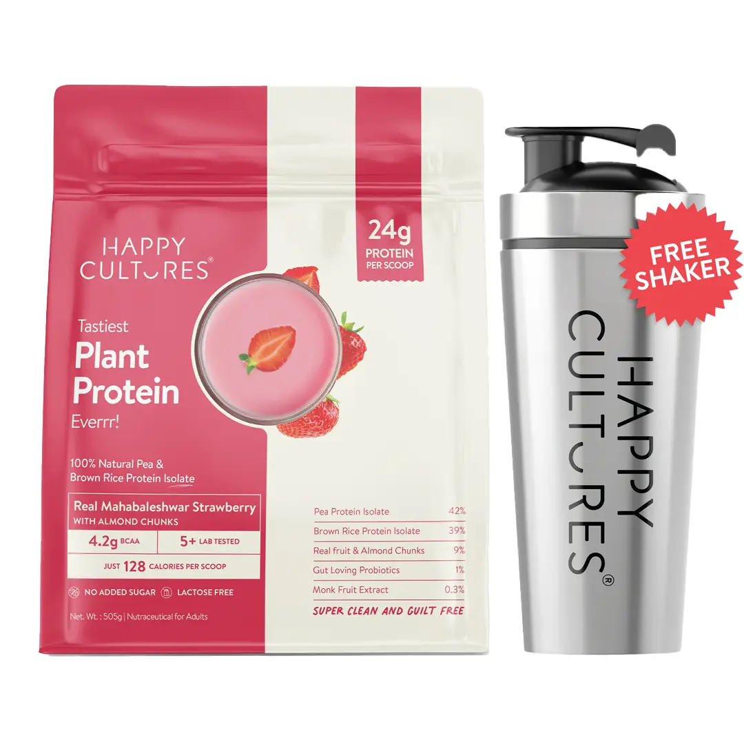 Happy Cultures 24g Tastiest Plant Protein|Pea & Brown Rice Protein Isolate| Vegan| 20 Complete Amino Acids| Women & Men| No Bloating, Easy to Digest| Dairy Free with Probiotics - 500 g - Mahabaleshwar Strawberry with Steel Shaker