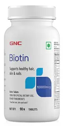 GNC Biotin 10000mcg Tablets | Reduces Hair Fall & Thinning | Promotes Hair Growth | Controls Frizz | Smoothens Hair Texture | Improves Skin & Nails | USA Formulated | 10000mcg Per Serving | 90 Tablets icon
