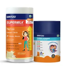 Gritzo SuperMilk Height+ (7-12y Girls), 10g Protein (Creamy Vanilla, 400g) and Super Gummies (Orange, 30 Gummies)
