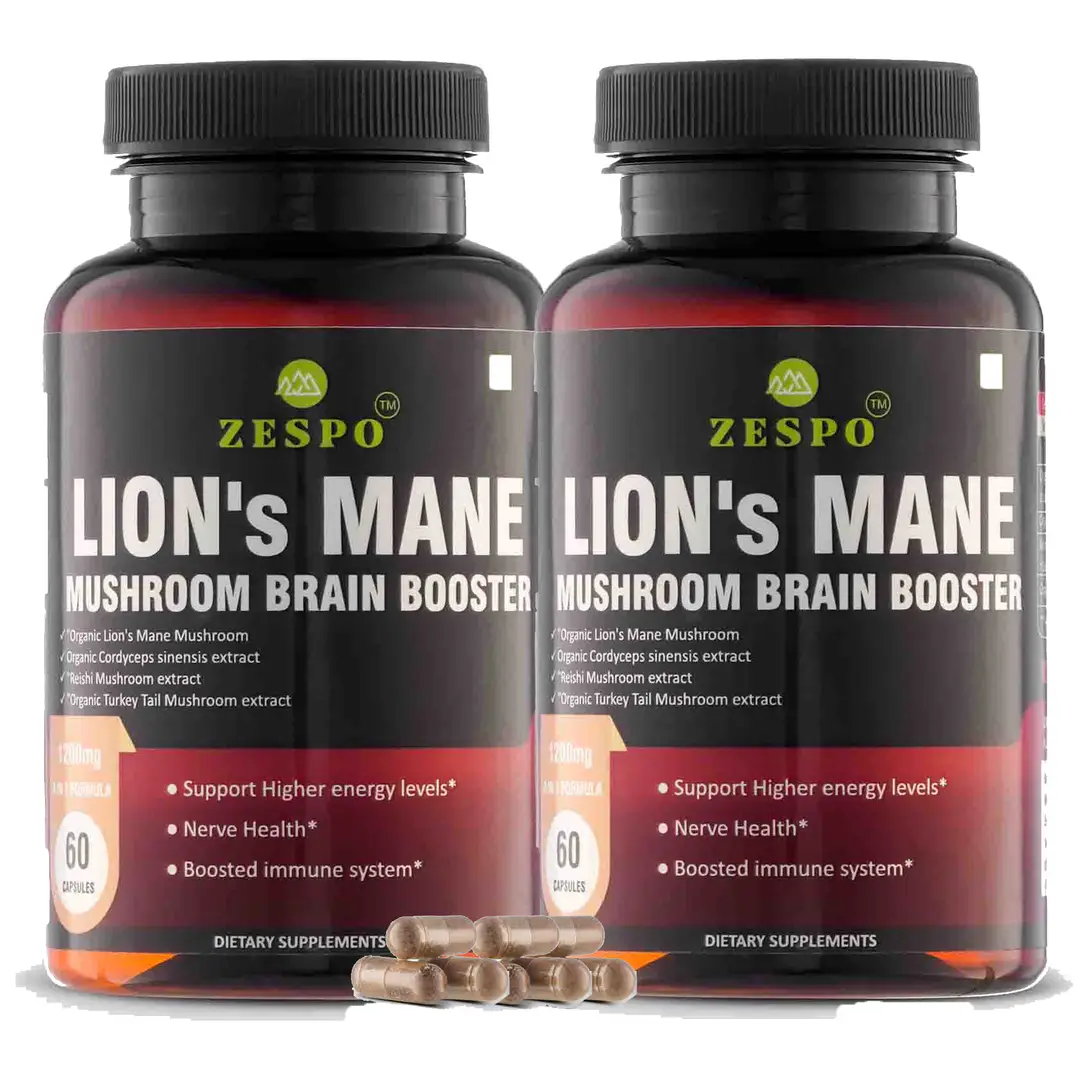 Zespo Organic Lions Mane Mushroom for Brain Booster and Nerve growth - Pack of 2(120 Capsules)