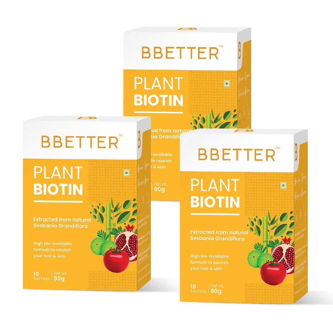 BBETTER Plant Biotin for Hair Growth, Strong Hair and Glowing Skin, Fights Nail Brittleness - Pack of 3 (30 Sachets)