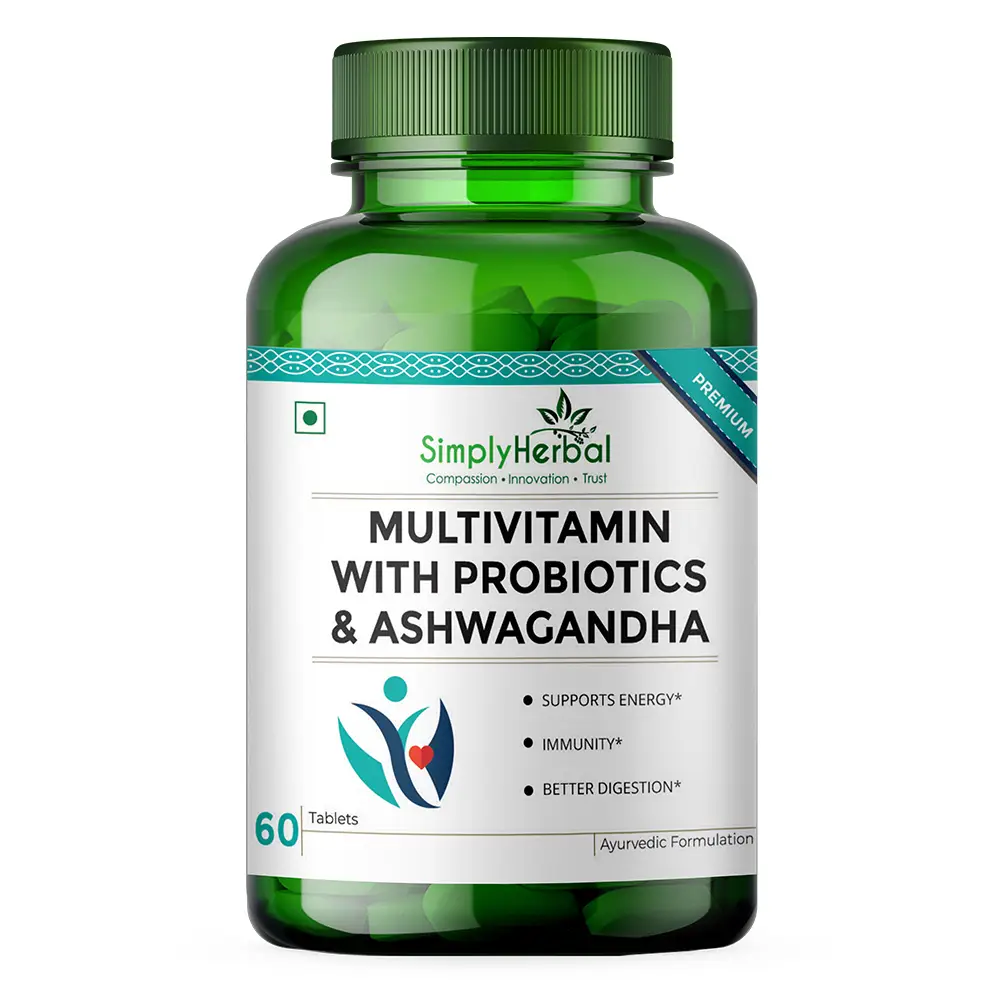 Simply Herbal Multivitamin with Probiotics and Ashwagandha for Immunity and Digestion - Pack of 1 (60 Tablets)
