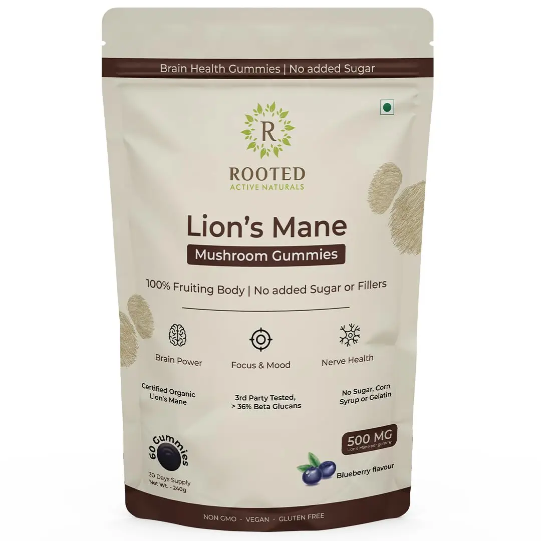 Rooted Active Naturals Lions Mane Mushroom Extract for Brain and Nerve Health - Pack of 1 (60 Gummies)
