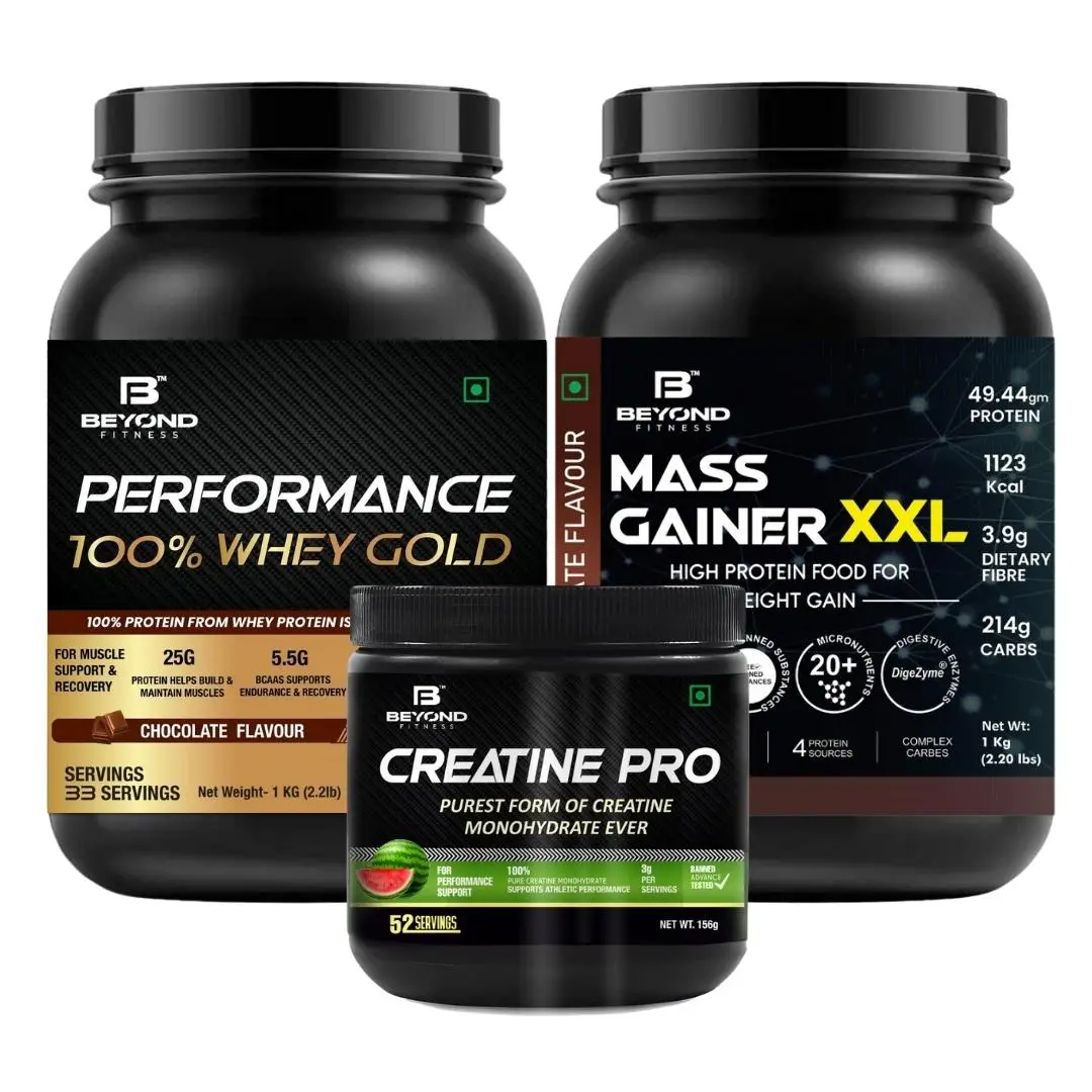 Beyond Fitness Super Pump Gold Combo (100% Whey Gold Protein, Mass Gainer XXL and Creatine Pro) Combo - Whey Protein(2.2lb), Mass Gainer XXL (2.2lb) and Creatine Pro (156gm) with 1.5 ltr Shaker