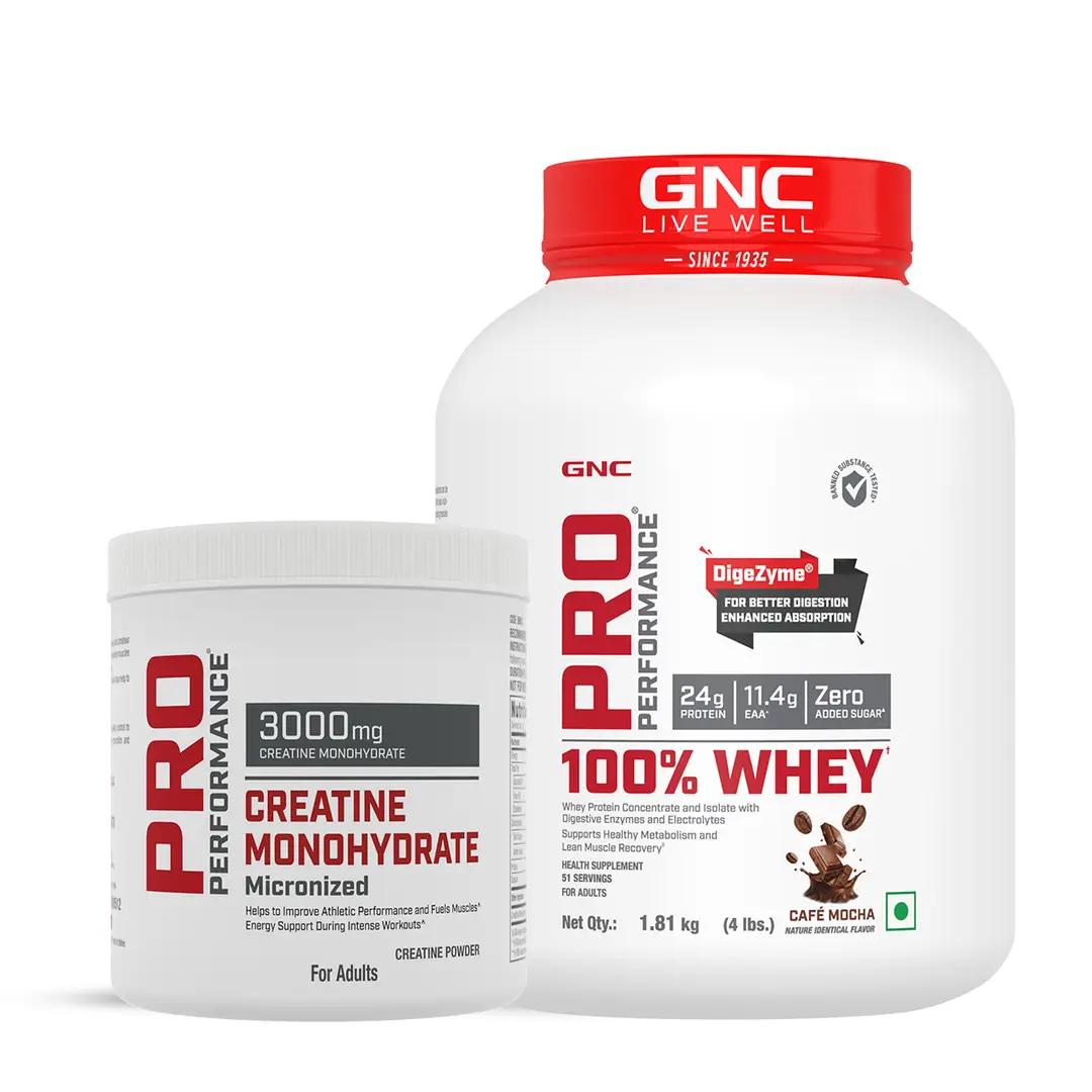 DSC - GNC - Pro Performance 100% Whey Cafe Mocha+ Creatine Monohydrate -4lbs / 250gm Combo - Combo Pack (Whey + Creatine)