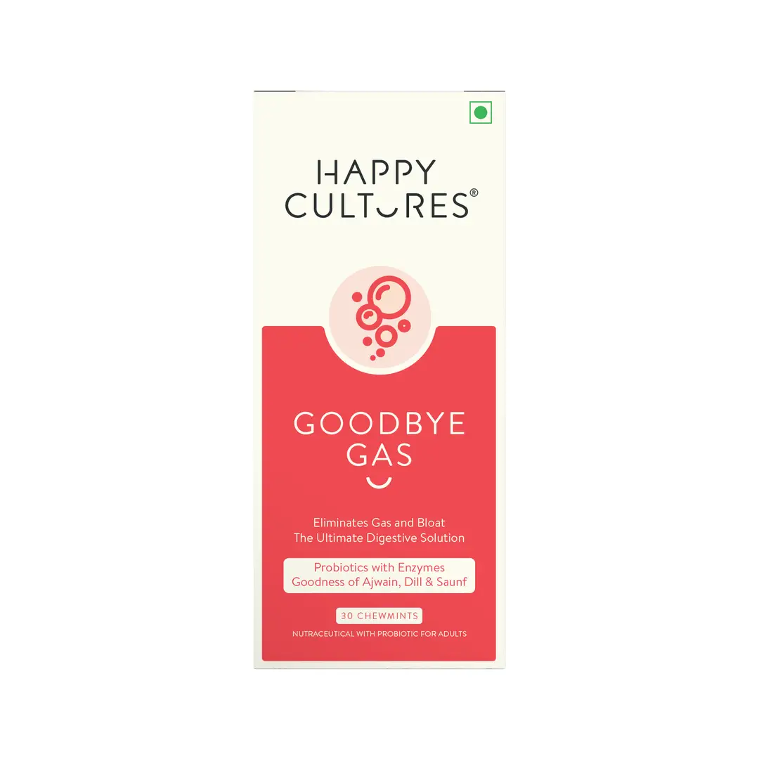 Happy Cultures Goodbye Gas Chewable with Ajwain, Dill, Fennal (Saunf) Oil for Alleviates Gas, Bloating and Indigestion - Pack of 1 (30 Tablets)