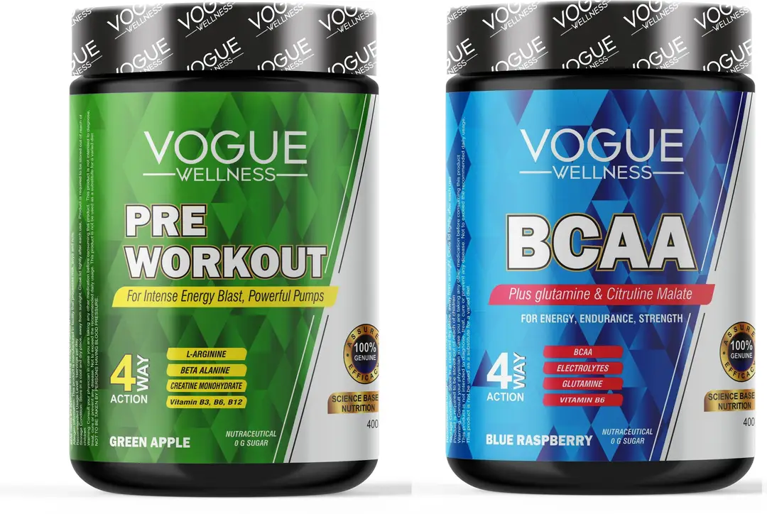 Vogue Wellness BCAA/Preworkout Supplement for Boost Energy Combo - (BlueRasberry and GreenApple) Combo Pack