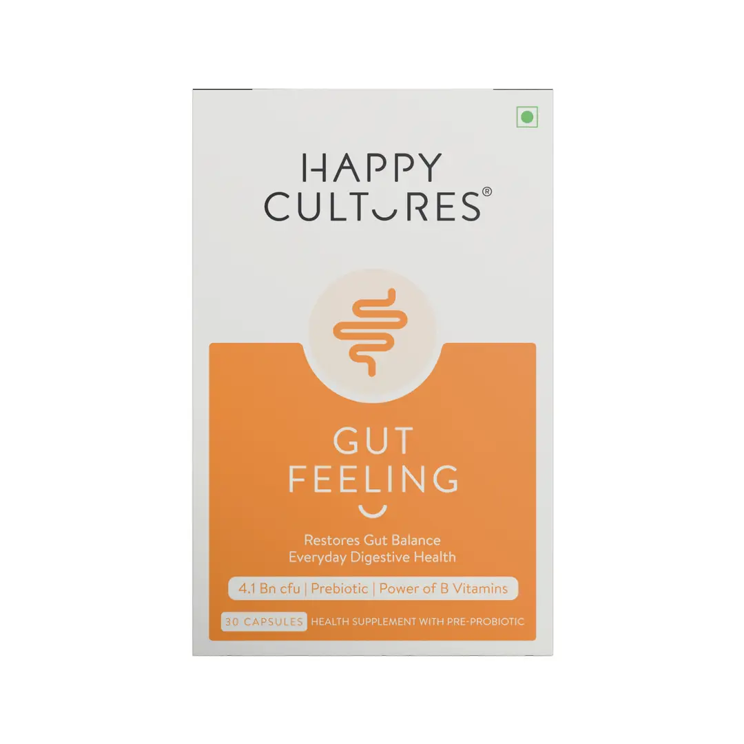Happy Cultures Gut Feeling with Blend of Pre+Probiotics+B-Vitamins for Daily Gut and Digestive Health - Pack of 1 (30 Capsules)