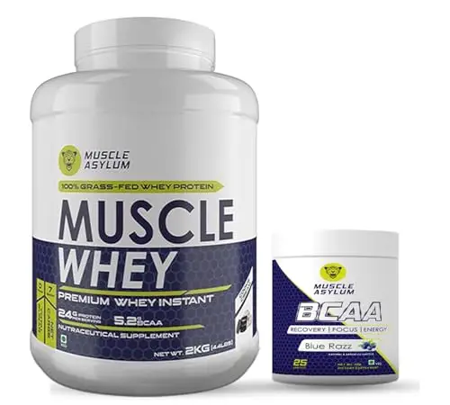 Muscle Asylum Muscle Whey 100% Whey Protein 2 Kg & BCAA 150gm (Combo Pack) - Cookie & Cream & Blue Razz